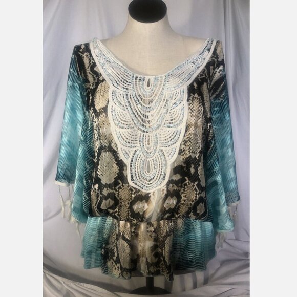 Roamans Pink Boho Top Blouse Beaded Elastic Waist Tassels Crochet Plus Size 22 - Picture 3 of 9